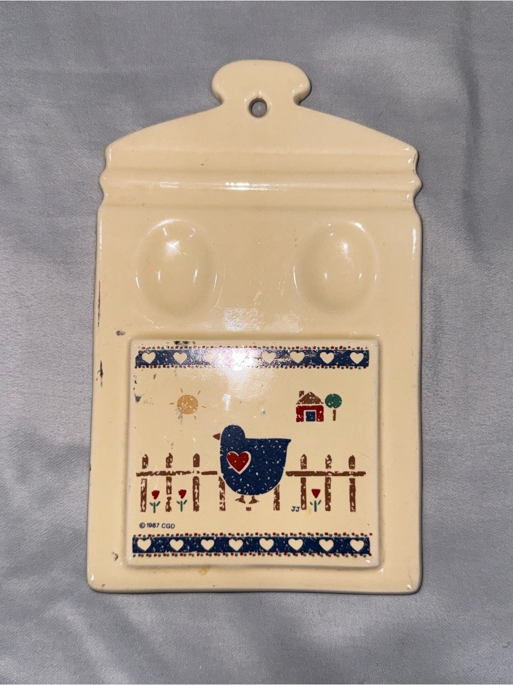 Vintage 1987 Country Goose Designs Ceramic Wall Plaque – Blue Heart Folk Art